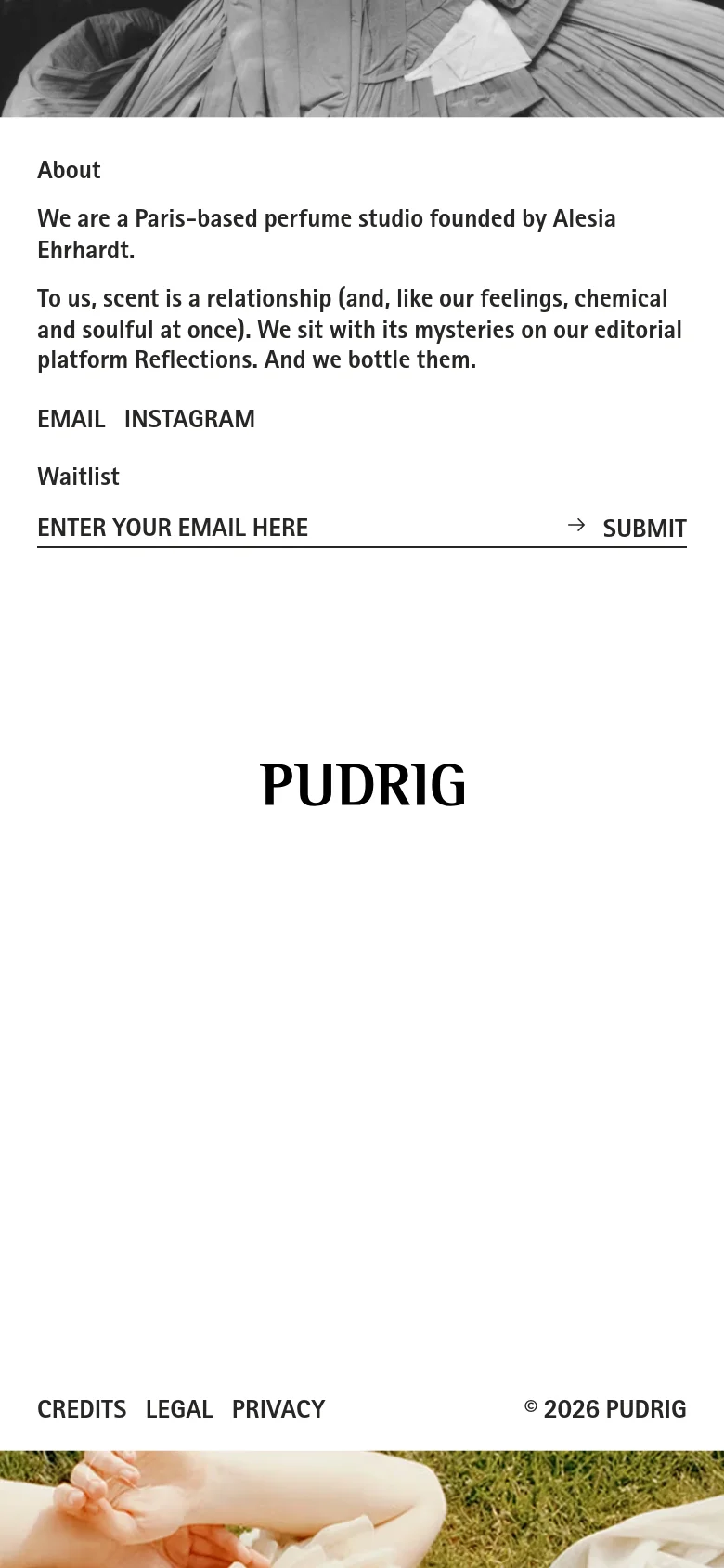 PUDRIG about page in a stacked mobile layout. The text content is centered above a large brand logo, with photography sections reflowed to the bottom of the screen in a single column.
