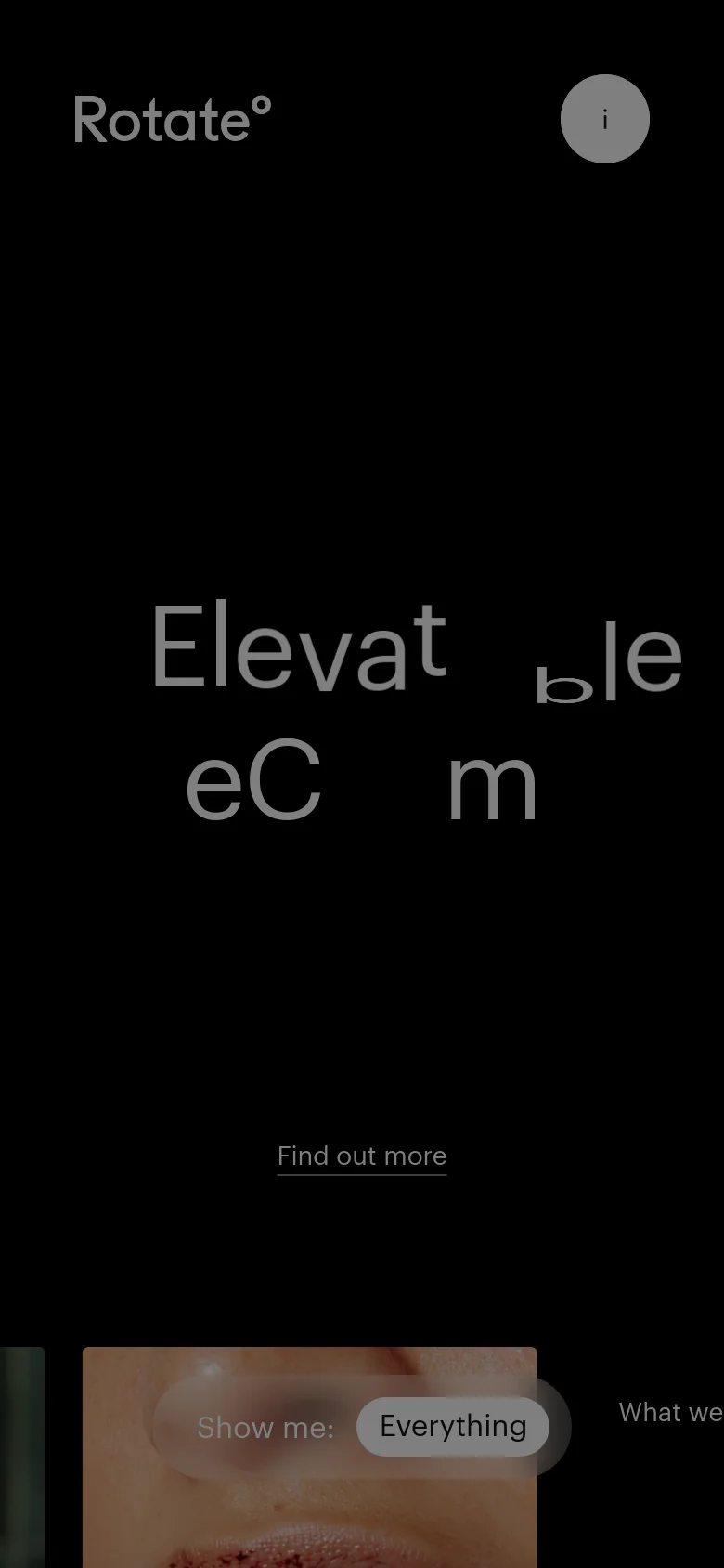 The mobile version maintains the dark, minimalist aesthetic but uses a vertically stacked layout to accommodate the smaller screen. The hero headline is scaled down and centered, followed by the 'Find out more' link, with project tiles and content sections appearing in a single-column scrollable format.