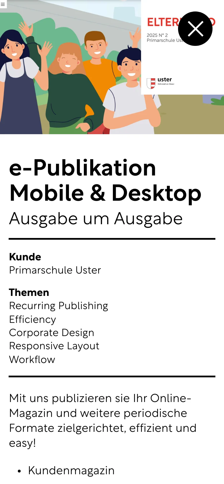 Mobile version of the project page where the layout is vertically stacked for readability. The large hero illustration remains at the top, followed by a single-column text layout that presents the project title, client information, and bulleted lists of features and benefits.