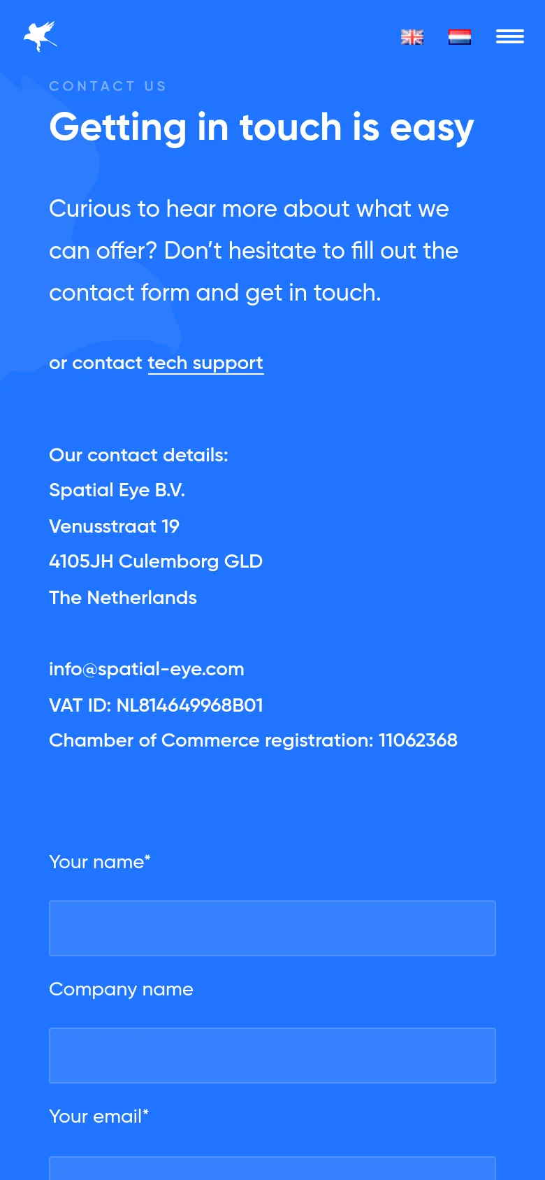 The mobile version uses the same blue color scheme and white text but transitions to a single-column vertical layout. The headline and introductory text appear at the top, followed by the contact details, and then the contact form fields stacked vertically for easier scrolling.