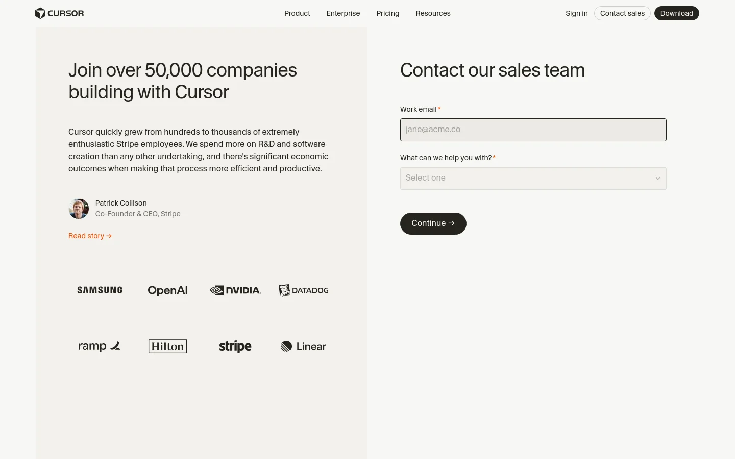 The desktop page features a split layout with a light gray left section and a white right section. The left side contains the headline 'Join over 50,000 companies building with Cursor,' a testimonial paragraph, a profile picture of Patrick Collison, and a grid of company logos including Samsung, OpenAI, NVIDIA, Datadog, Ramp, Hilton, Stripe, and Linear. The right side contains the headline 'Contact our sales team' above a contact form with email and dropdown fields and a dark 'Continue' button.