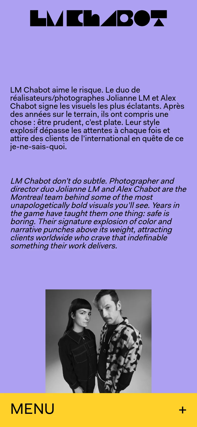The mobile version uses a vertical layout on a light purple background, stacking the French text, English text, and the black and white portrait in a single column. The large black logo remains at the top, and the bottom features a bright yellow navigation bar with 'MENU' and a plus icon.