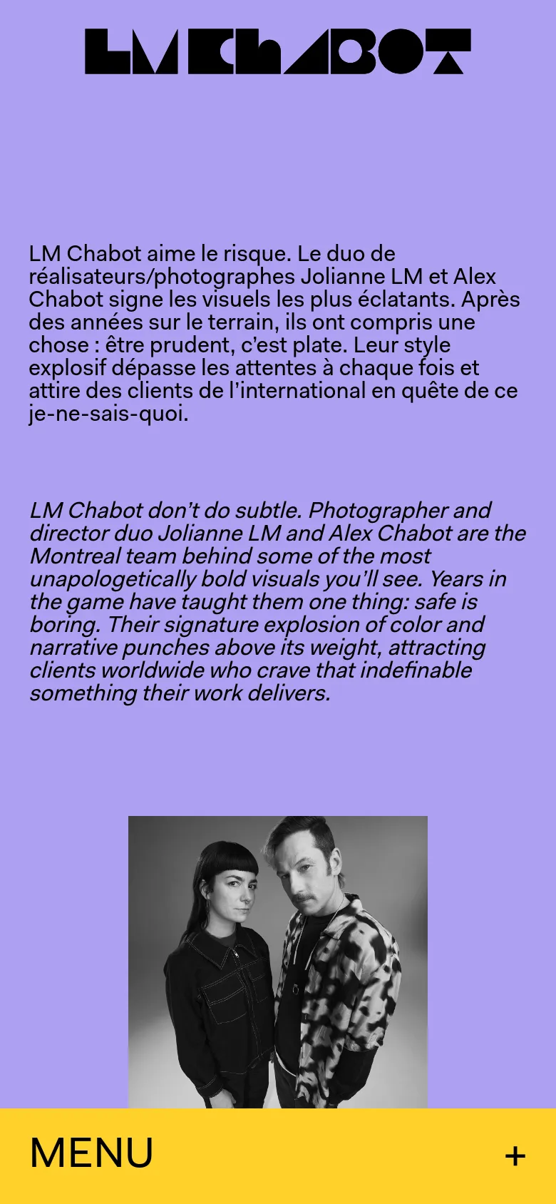 The mobile version uses a vertical layout on a light purple background, stacking the French text, English text, and the black and white portrait in a single column. The large black logo remains at the top, and the bottom features a bright yellow navigation bar with 'MENU' and a plus icon.