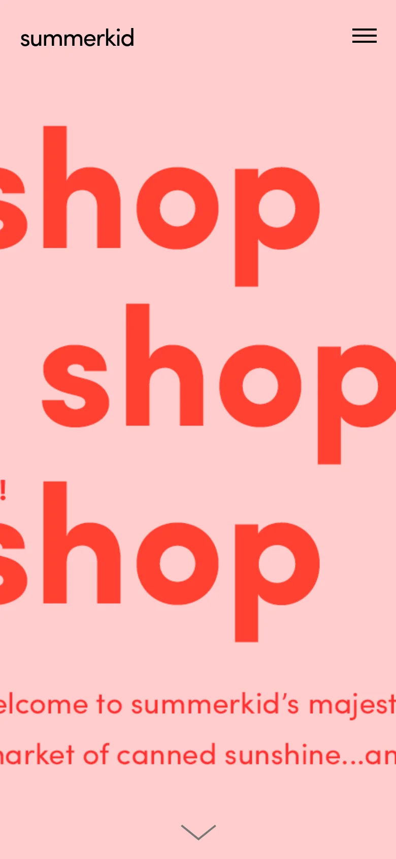 The mobile version simplifies the layout, displaying the large orange 'shop' text prominently against the pink background. The top navigation is condensed into a hamburger menu icon next to the 'summerkid' logo. The colorful abstract illustration is not visible in this view, focusing the user's attention on the bold typography and the welcome message.