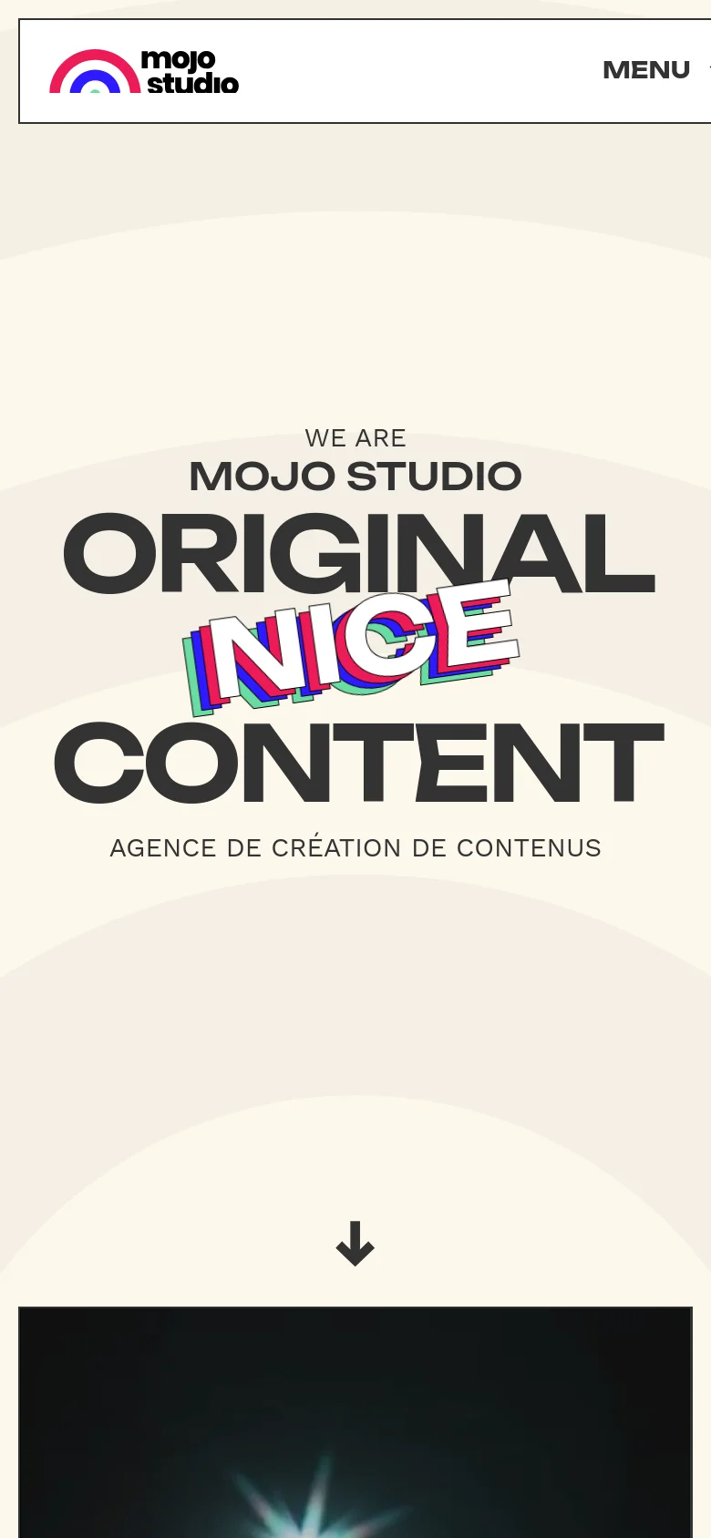 The mobile version presents a vertically stacked layout with the same bold typography and colorful 'NICE' graphic centered on a cream background. The top navigation is replaced by a simplified header containing the Mojo Studio logo and a 'MENU' button. The design remains clean and high-contrast, focusing on the central brand message and a scroll indicator.
