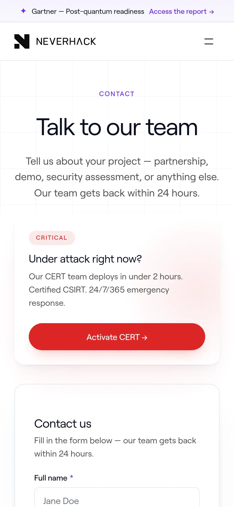 The mobile version maintains the minimalist white aesthetic but uses a simplified layout with a hamburger menu icon in the top right. The 'Talk to our team' headline and text are centered, followed by the red 'CRITICAL' emergency response card and the 'Contact us' form below it, optimized for vertical scrolling.