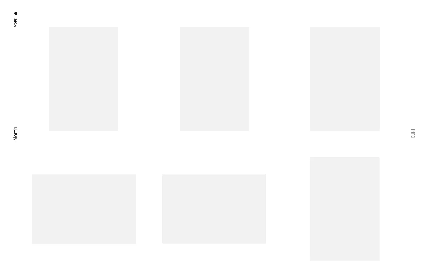 A minimalist photography portfolio page with a white background and black text. The layout features a large 'North' headline at the top, followed by a grid of rectangular photographic project previews arranged in three columns. Navigation links like 'Work', 'About', and 'Info' are positioned vertically along the sides of the screen.