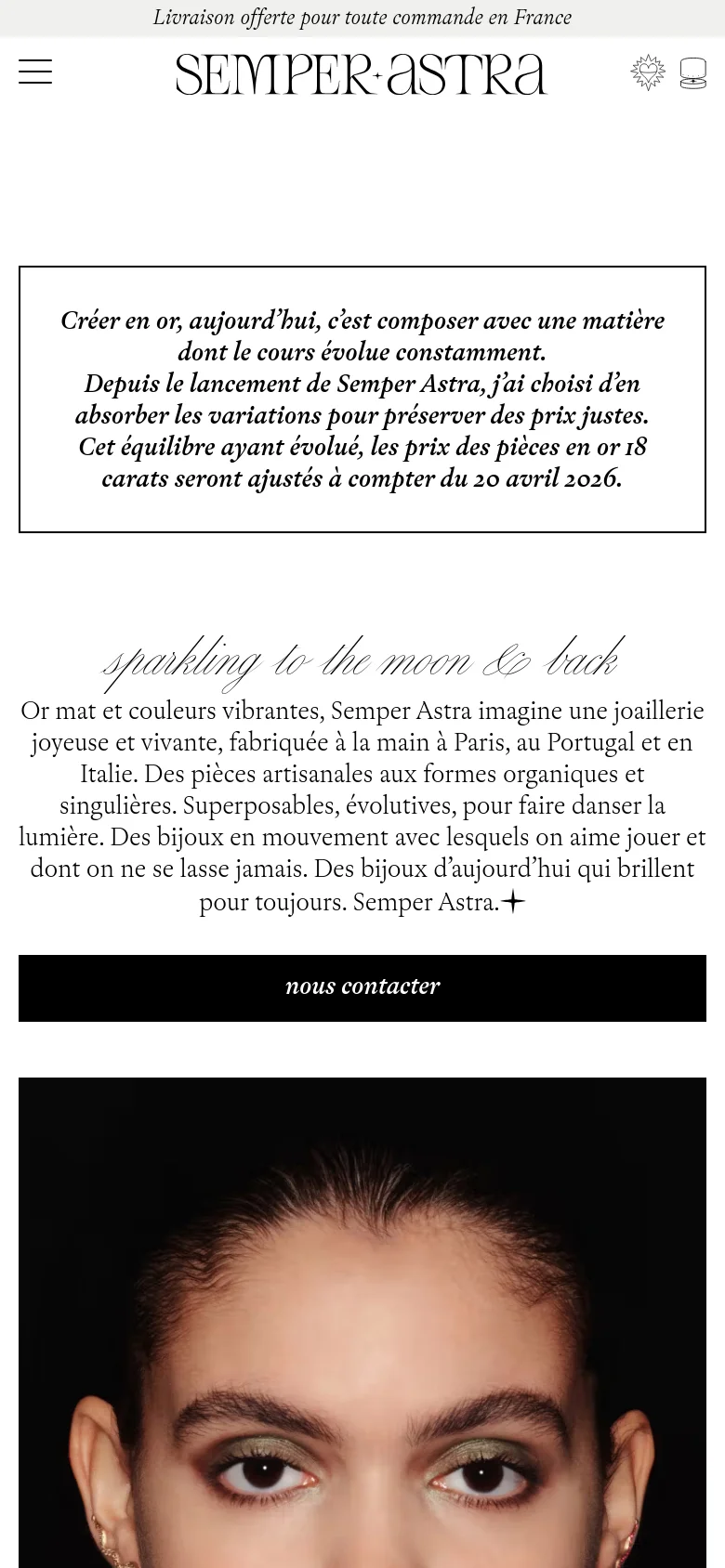 The mobile version simplifies the layout with a hamburger menu on the left and the brand logo centered at the top. The text content remains the same, but the typography is scaled for a vertical screen, and the hero image is cropped to focus on the subject's face and hand.
