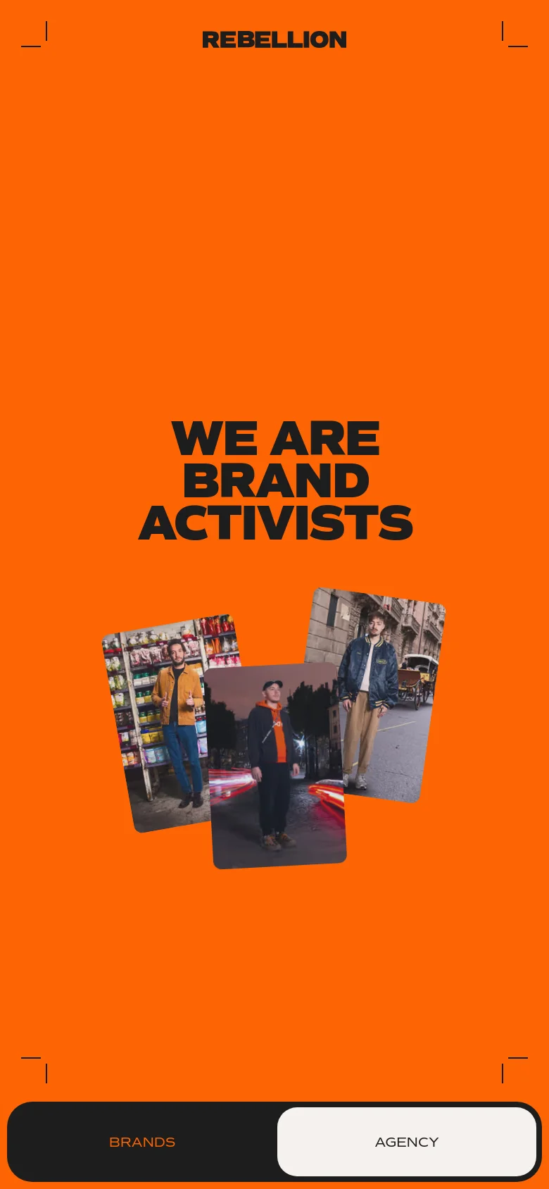 The mobile version maintains the bright orange background and bold headline, but the layout is vertically stacked. A collage of four rectangular lifestyle photographs of people is positioned below the main headline, and the 'BRANDS' and 'AGENCY' toggle buttons are enlarged at the bottom of the screen.