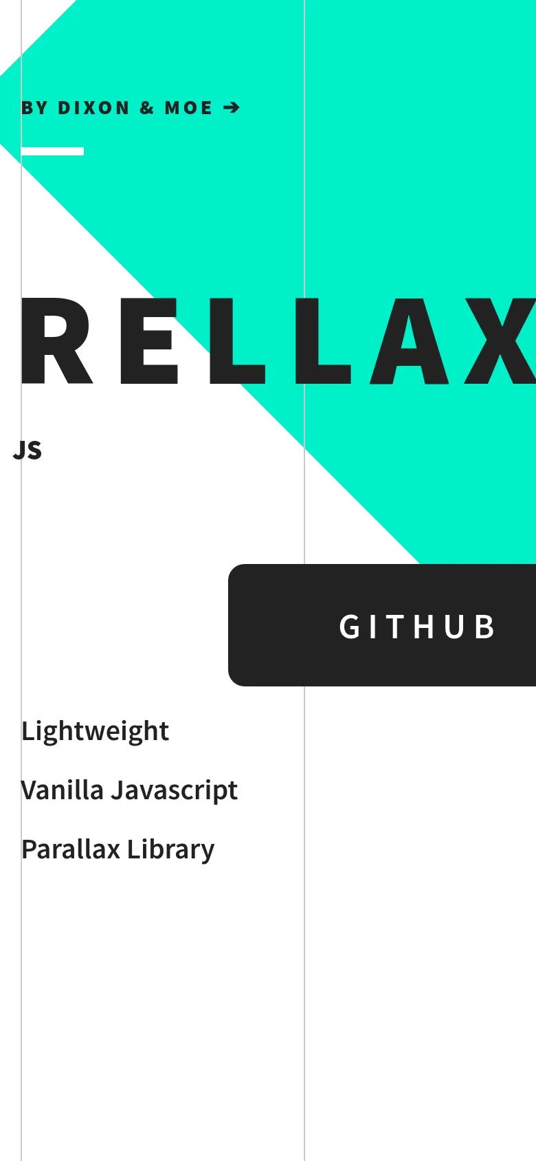 The mobile version features a condensed layout with the large teal geometric shape dominating the top half of the screen. The 'RELLAX JS' headline and 'GITHUB' button are stacked vertically, and the text is left-aligned to fit the narrower viewport.