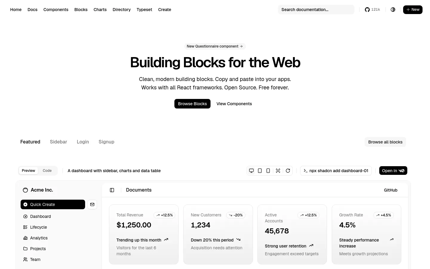 The desktop page features a clean, minimalist white layout with a centered hero section containing the headline 'Building Blocks for the Web' and two primary buttons: 'Browse Blocks' and 'View Components'. Below the hero, a navigation sub-menu allows filtering by Featured, Sidebar, Login, or Signup, followed by a large interactive code preview area showing a dashboard component with charts and data tables.