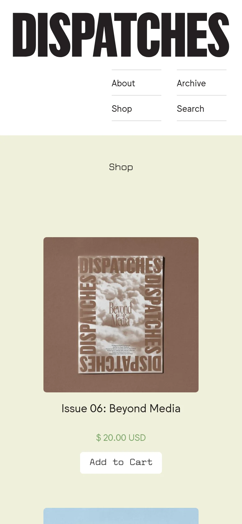 The mobile version presents a simplified, single-column layout on a cream background. The 'DISPATCHES' logo is prominently centered at the top, followed by a navigation menu and a vertical list of magazine products. Each product entry includes a large cover image, title, price, and a call-to-action button, optimized for vertical scrolling.