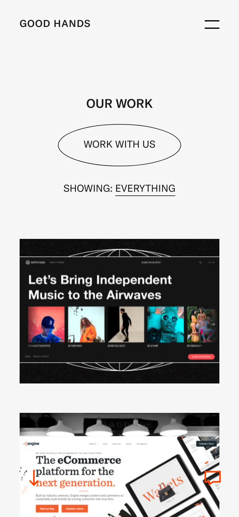 The mobile version maintains the white minimalist aesthetic but stacks the content vertically for a single-column view. The 'OUR WORK' headline and 'WORK WITH US' button are centered, followed by large, full-width project imagery. Navigation is condensed into a hamburger menu icon in the top right corner.