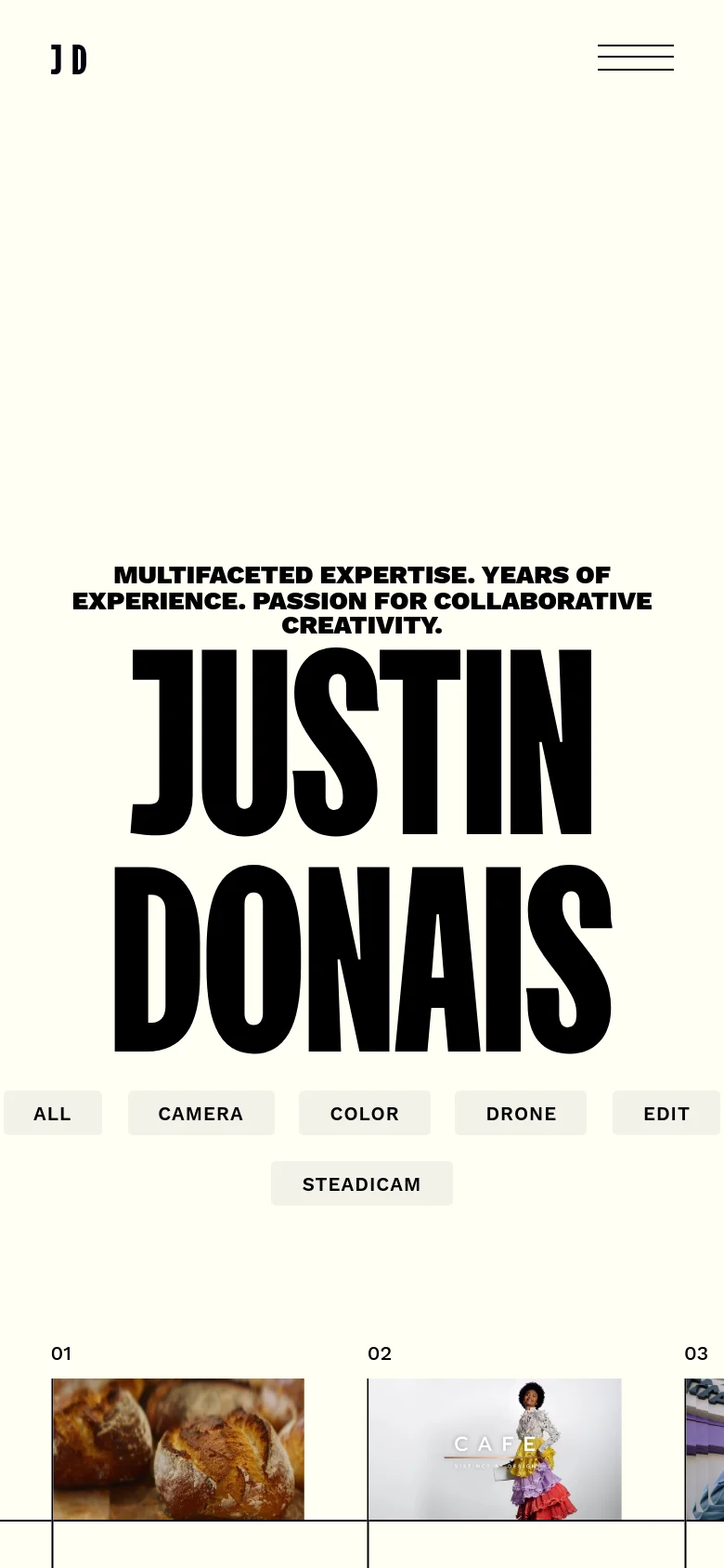 The mobile version maintains the cream background and bold black typography but uses a hamburger menu icon for navigation instead of a top bar. The layout is vertically stacked, with the large name centered and the project filter buttons appearing in a single-column or wrapped format above the image grid.