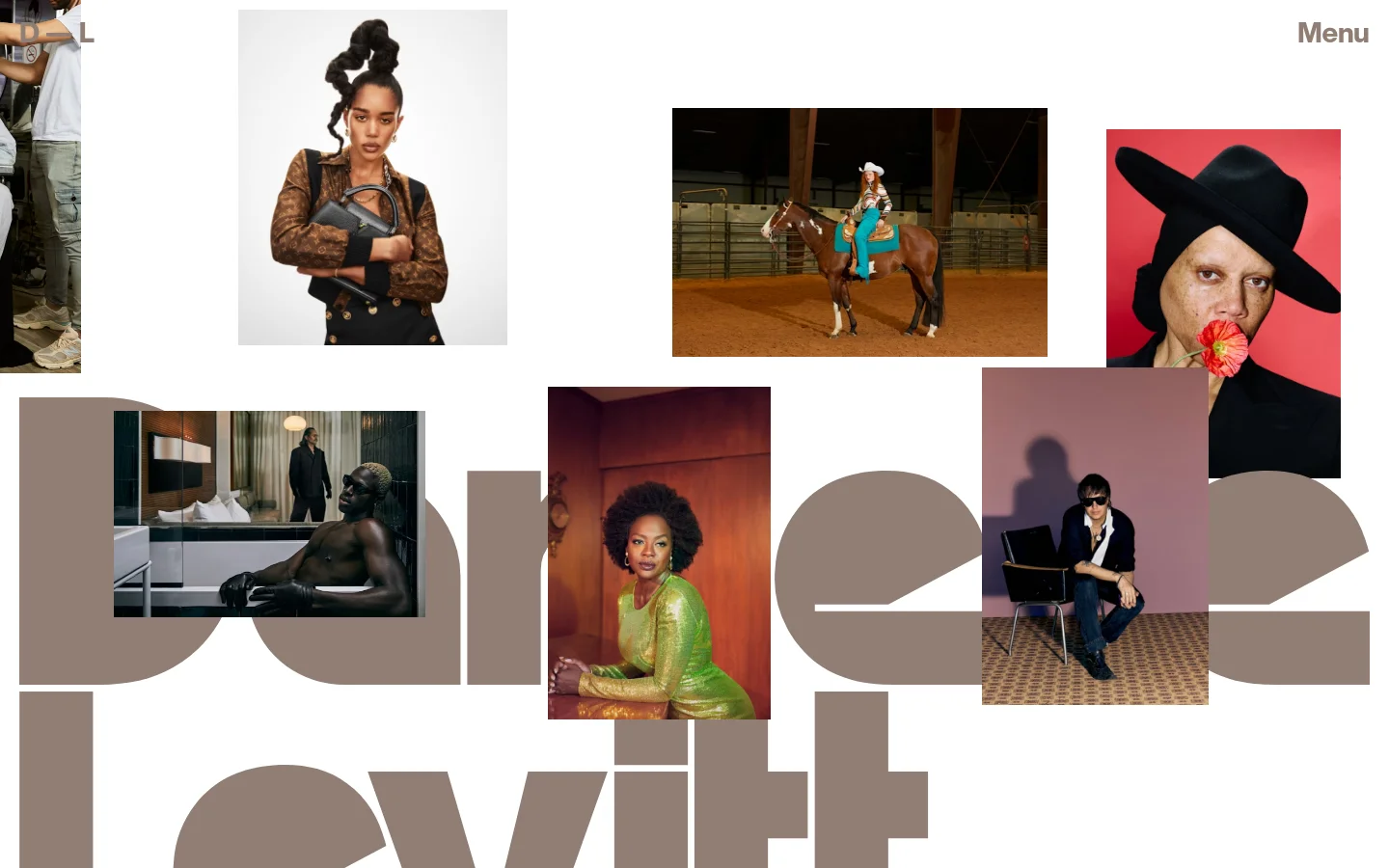 The desktop homepage features a minimalist white background with a large, stylized 'Danielle Levitt' watermark in light taupe. A grid of high-fashion and portrait photographs is arranged around the text, including images of people in various settings like horseback riding and studio portraits. The layout is airy and sophisticated, using large-scale imagery to showcase the photographer's portfolio.