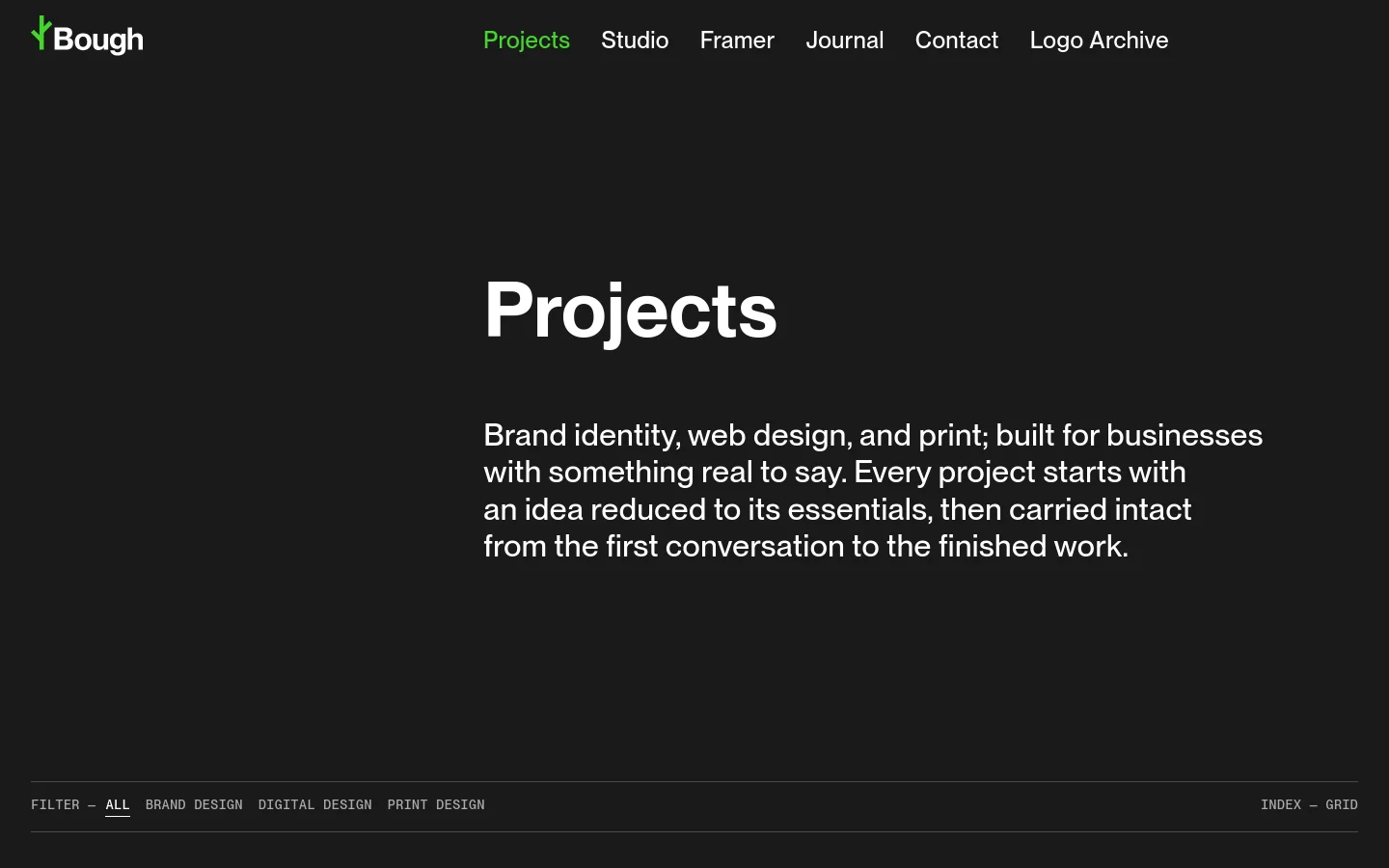 The Projects page features a minimalist dark theme with a large white headline and introductory text. Below the header, a horizontal filter menu allows users to sort by Brand, Digital, or Print design, followed by a grid of project thumbnails.