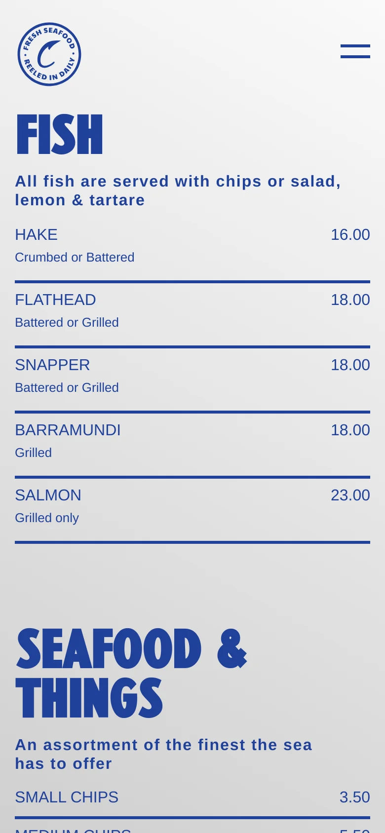 The mobile version presents a simplified, single-column vertical layout optimized for small screens. The large blue 'FISH' heading dominates the top, followed by menu items and prices. Navigation is condensed, featuring a hamburger menu icon at the top right and a circular logo at the top left.