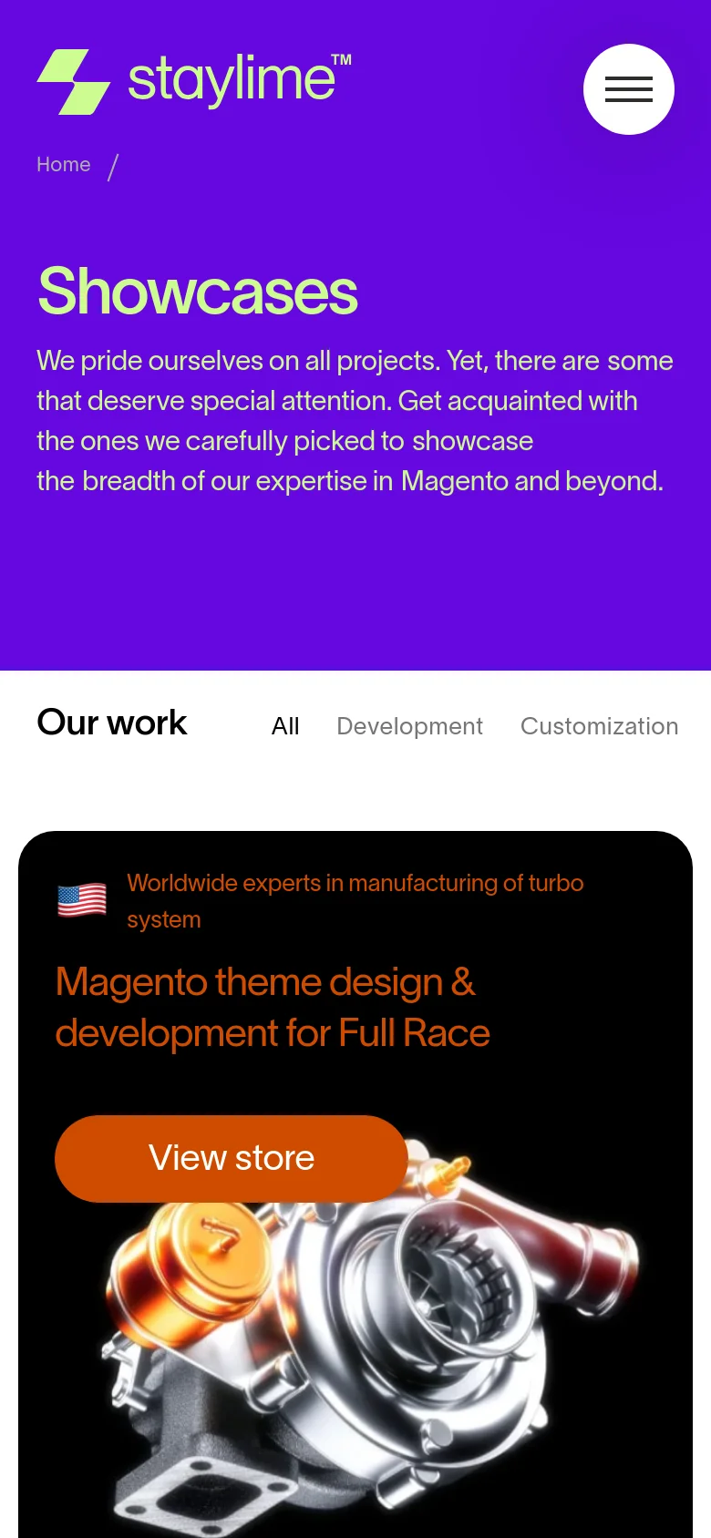 The mobile version maintains the purple hero section with the 'Showcases' headline and illustration but uses a condensed layout. The 'Our work' section follows, featuring a vertically stacked single-column view of project cards instead of the desktop grid, making the content easier to scroll through on a small screen.