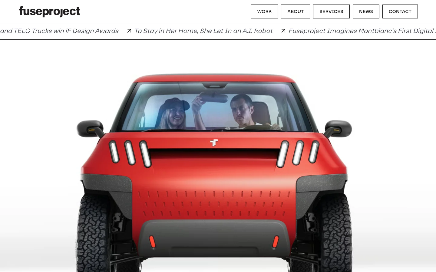 The Fuseproject homepage features a minimalist white layout with a large hero image of a red TELO electric truck. Below the hero section, a vertical feed of large, high-quality project images showcases case studies for Samsung, Doma Home, TELO Trucks, AES, ElliQ, and SFMOMA. A clean navigation bar at the top includes the company logo and links for Work, About, Services, News, and Contact.