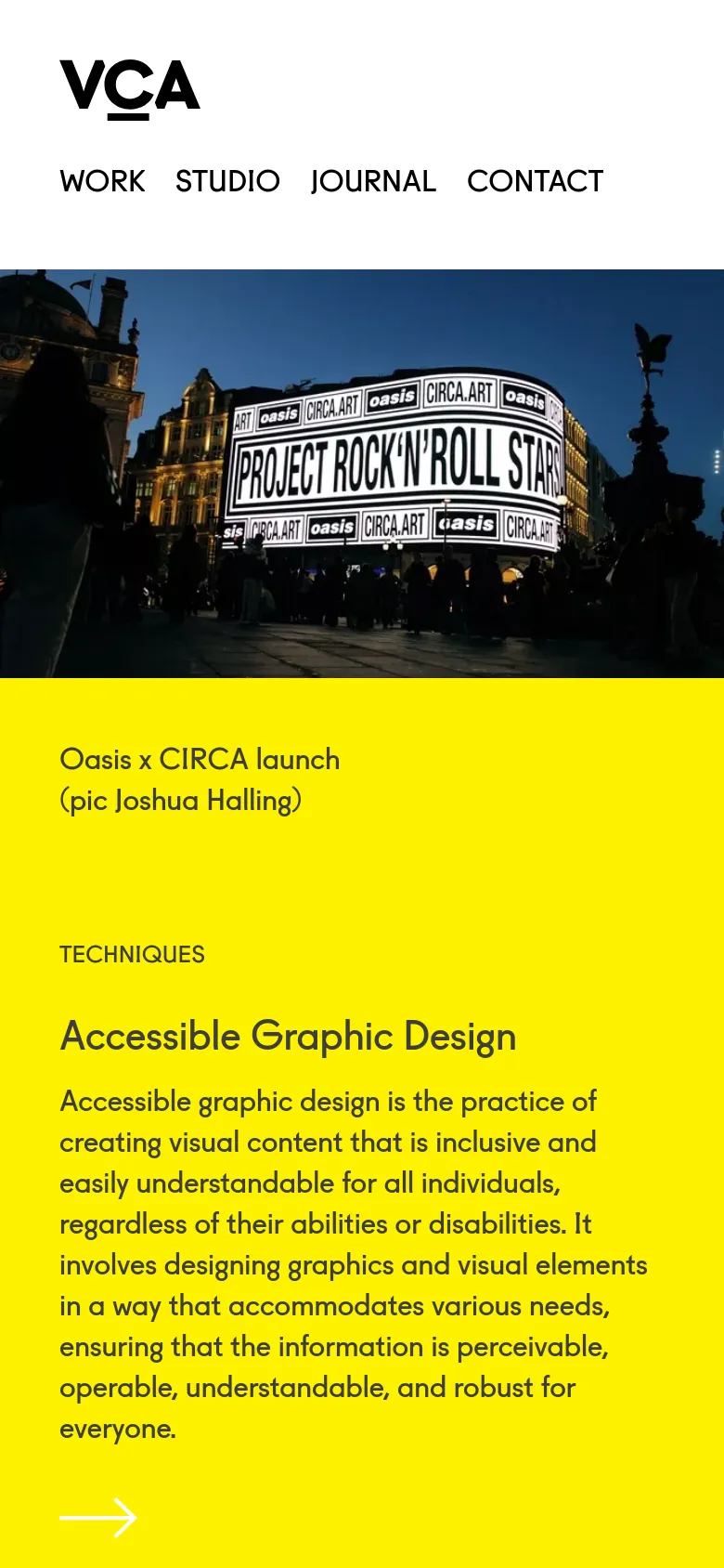 The mobile version uses a vertical layout with the VCA logo and navigation links stacked at the top. The large hero image of the nighttime billboard is followed by a full-width bright yellow section containing the main article text and a large arrow icon.