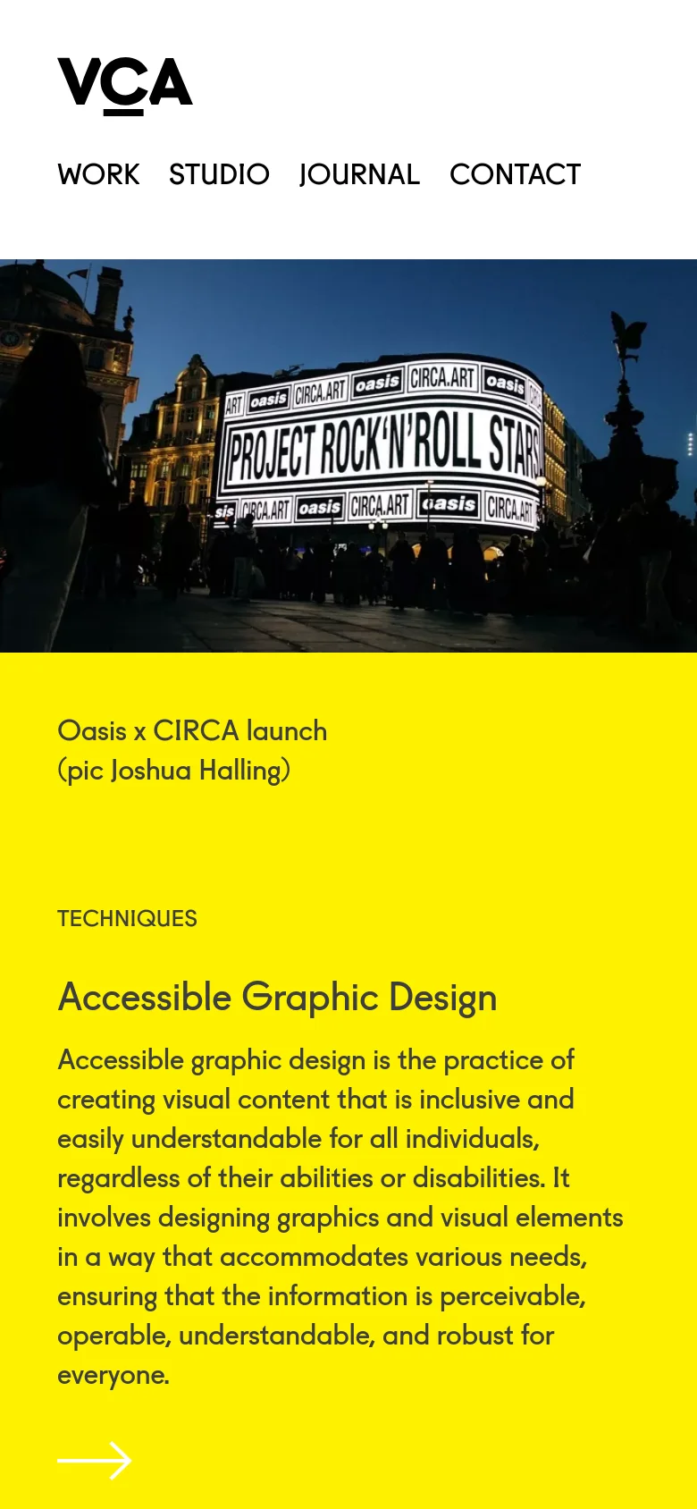 The mobile version uses a vertical layout with the VCA logo and navigation links stacked at the top. The large hero image of the nighttime billboard is followed by a full-width bright yellow section containing the main article text and a large arrow icon.
