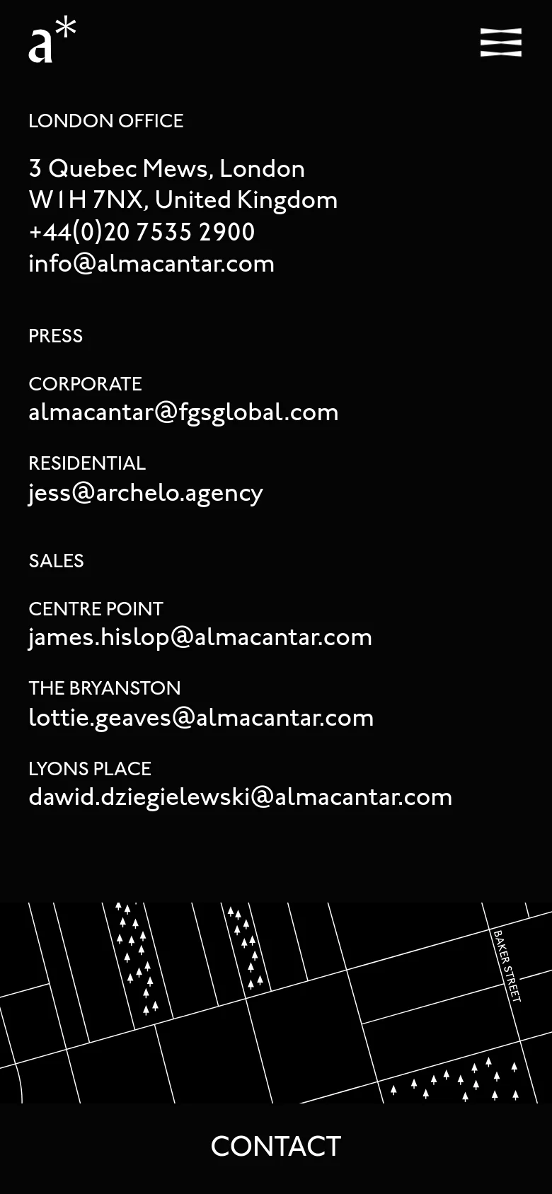 The mobile version uses a single-column vertical layout on a black background to display contact information. The text is stacked linearly, starting with the London office details, followed by Press, Corporate, Residential, and Sales contacts. The street map graphic remains at the bottom, and a large 'CONTACT' label is centered at the very bottom.