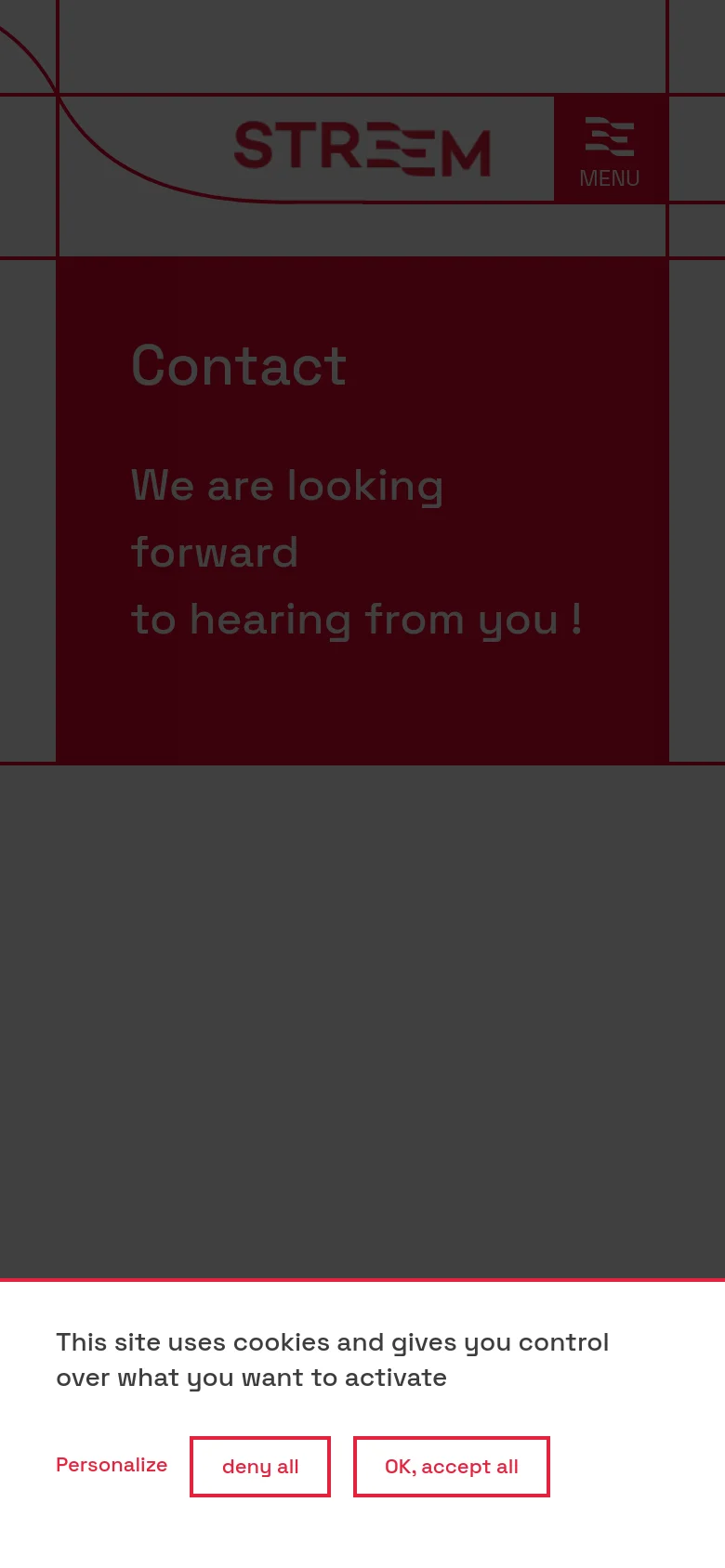 The mobile version maintains the dark red hero section with the 'Contact' headline and diamond pattern, but the layout is vertically stacked. The header remains at the top with the logo and a prominent hamburger menu icon. A cookie consent banner is visible at the bottom of the screen with 'Personalize', 'deny all', and 'OK, accept all' buttons.