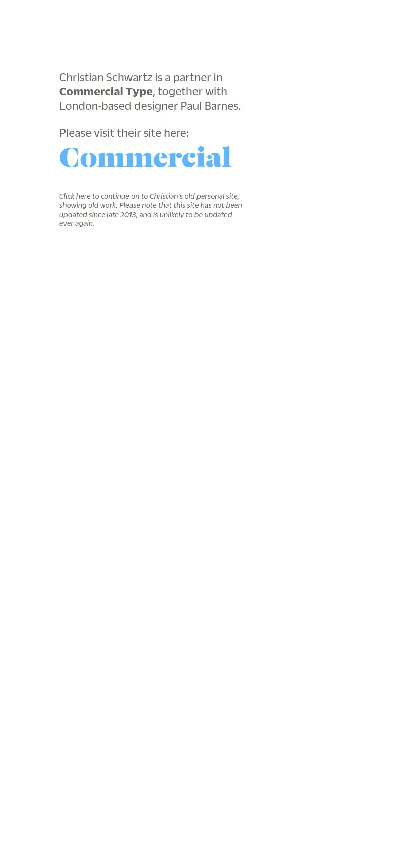 The mobile version maintains the same minimalist white layout and dark gray text as the desktop version. The content is centered vertically, featuring the text about Commercial Type, the large light blue 'Commercial' link, and the small disclaimer paragraph below it.