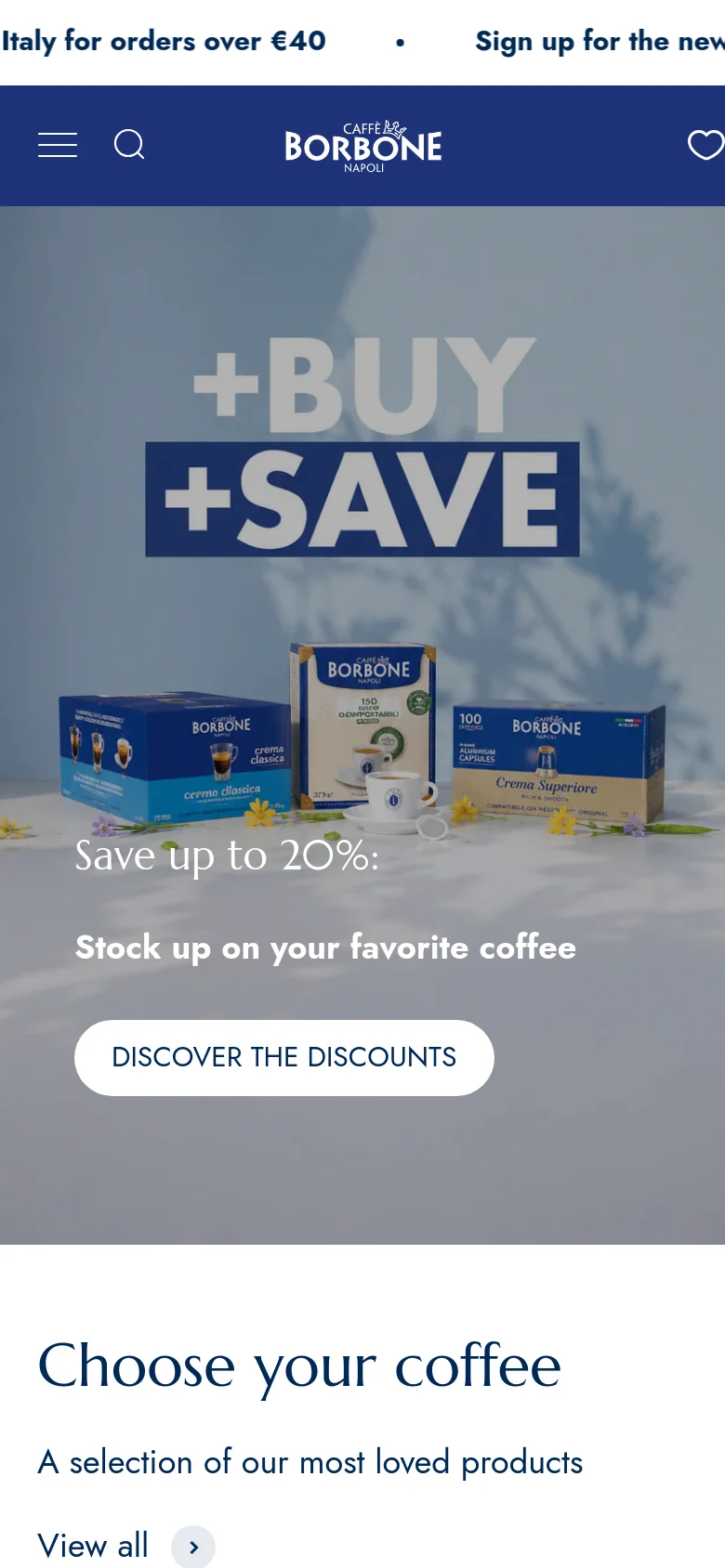 The mobile version presents a vertically stacked layout starting with a large hero image promoting 'Save up to 20%' with a prominent 'DISCOVER THE DISCOUNTS' button. A condensed header includes a hamburger menu, search icon, and brand logo, while the product selection section follows below in a single-column format.