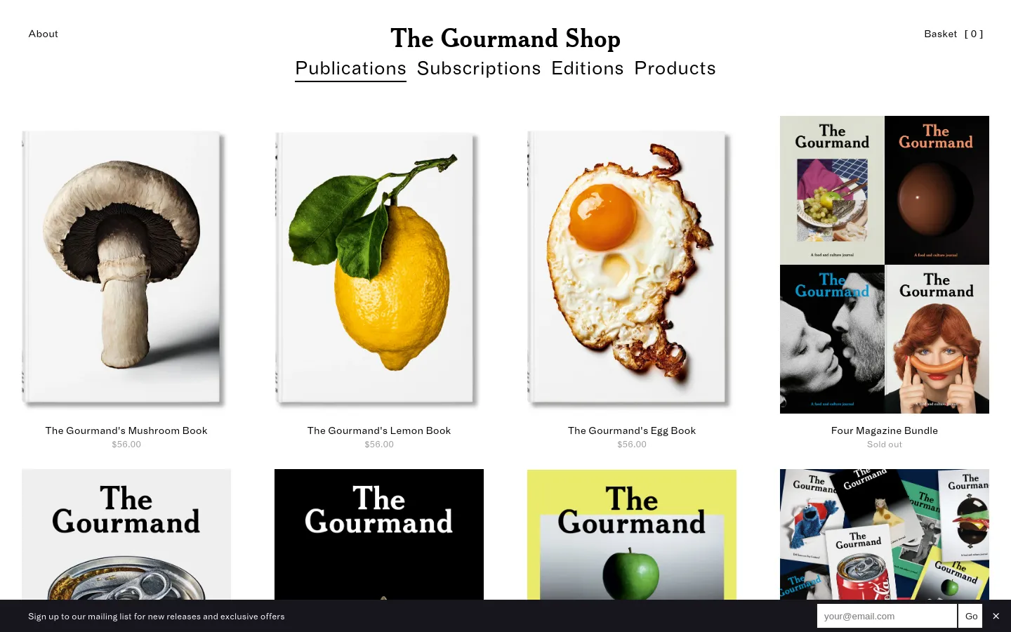 The Publications page for The Gourmand Shop features a minimalist white background with a grid of book covers. Each product includes a large high-resolution image of the book cover, the title, and the price or availability status. The navigation menu at the top includes links for Publications, Subscriptions, Editions, and Products.