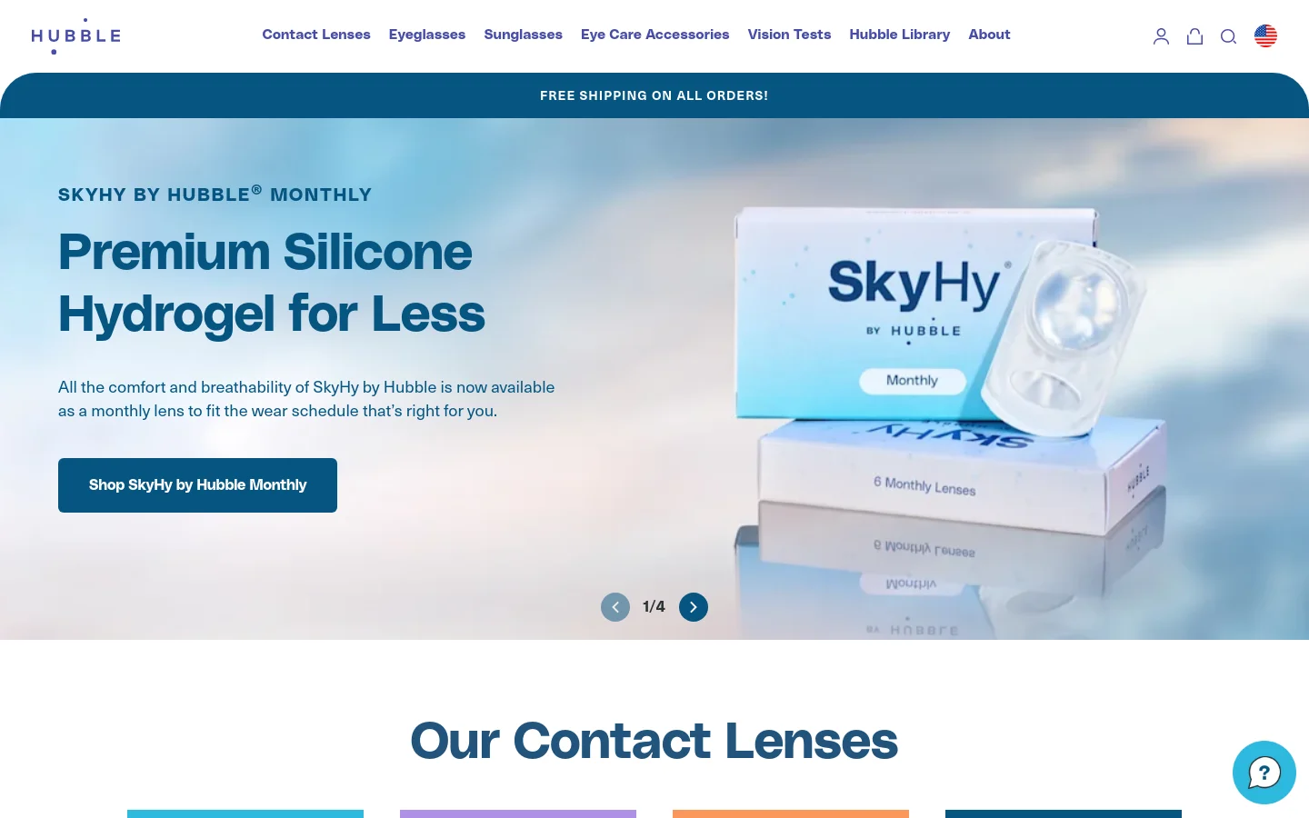 The desktop homepage features a clean white navigation bar with a blue announcement banner for free shipping. The hero section shows a wide banner for SkyHy monthly contact lenses against a soft blue sky background, featuring product packaging and a 'Shop SkyHy by Hubble Monthly' button. Below, a section titled 'Frames for All' promotes eyeglasses with a 'Shop Eyeglasses' call to action.