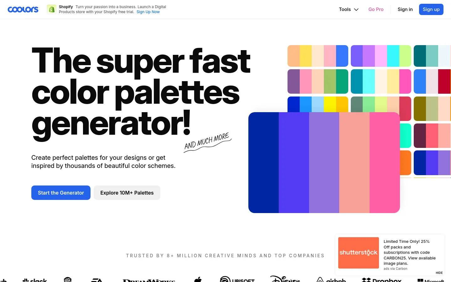 The Coolors homepage features a large, bold headline stating 'The super fast color palettes generator!' against a white background. To the right, a large graphic displays various colorful rectangular color swatches, and below the headline are two primary buttons: 'Start the Generator' in blue and 'Explore 10M+ Palettes' in light gray. A top navigation bar includes the logo, a Shopify promotional banner, and links for Tools, Go Pro, Sign in, and Sign up.