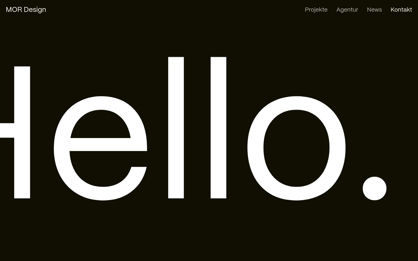 The desktop contact page features a minimalist black background with large, bold white typography reading 'Hello.' The MOR Design logo is in the top left, and a navigation menu with links for Projekte, Agentur, News, and Kontakt is in the top right.