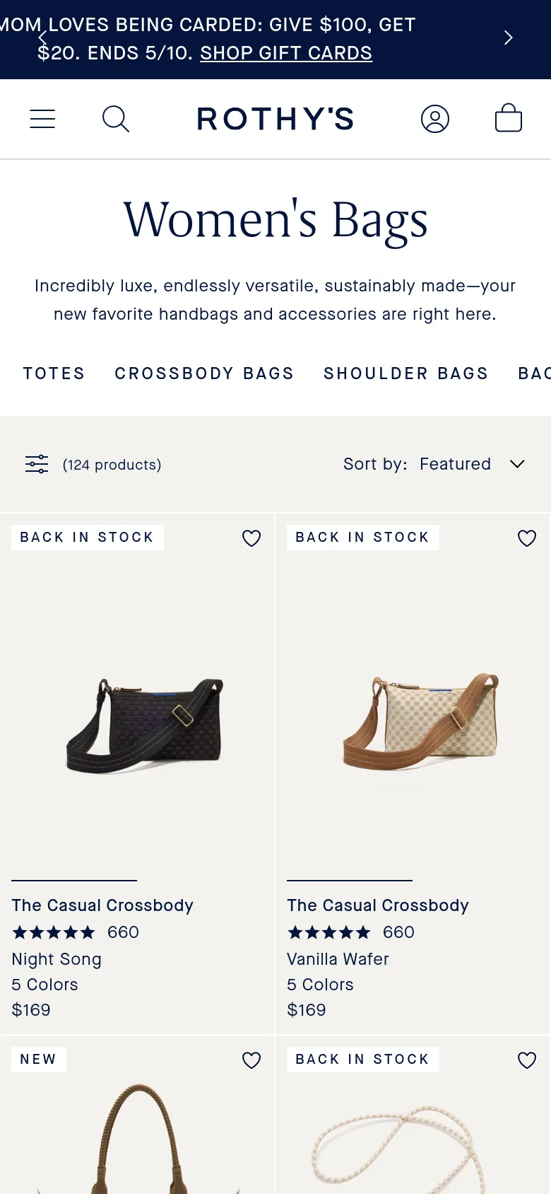 The mobile version presents a simplified vertical layout with a hamburger menu and search icon in the header. The 'Women's Bags' headline and category links are stacked, and the product grid transitions to a single or double column view to accommodate the smaller screen width.