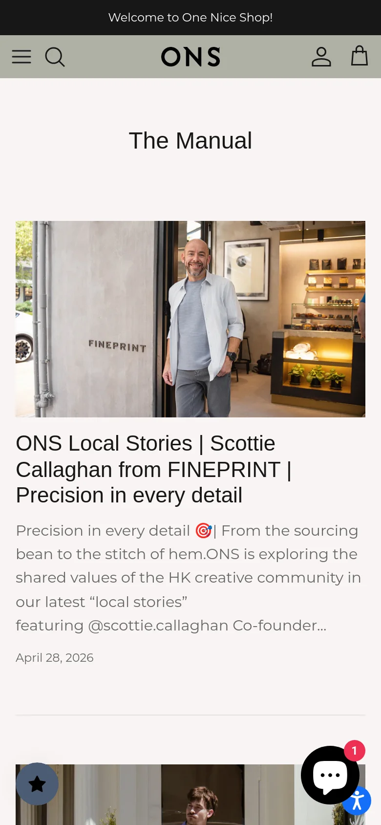 The mobile version presents a single-column vertical layout optimized for scrolling, with the 'ONS' logo centered in the header above a simplified navigation menu. The blog posts are stacked vertically, showing large full-width images followed by headlines and descriptions. A floating chat icon is visible in the bottom right corner, and the overall aesthetic remains minimalist and clean.