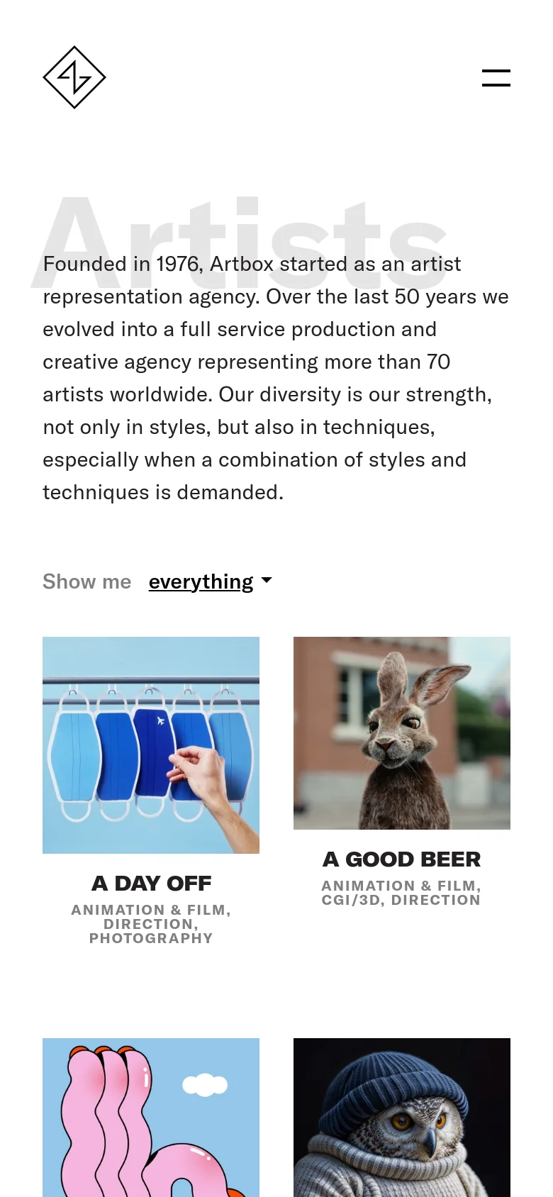 The mobile version maintains the white background and text description but uses a condensed layout. The navigation menu is replaced by a hamburger icon, and the artist grid is reorganized into a single-column vertical scroll for easier viewing on smaller screens.