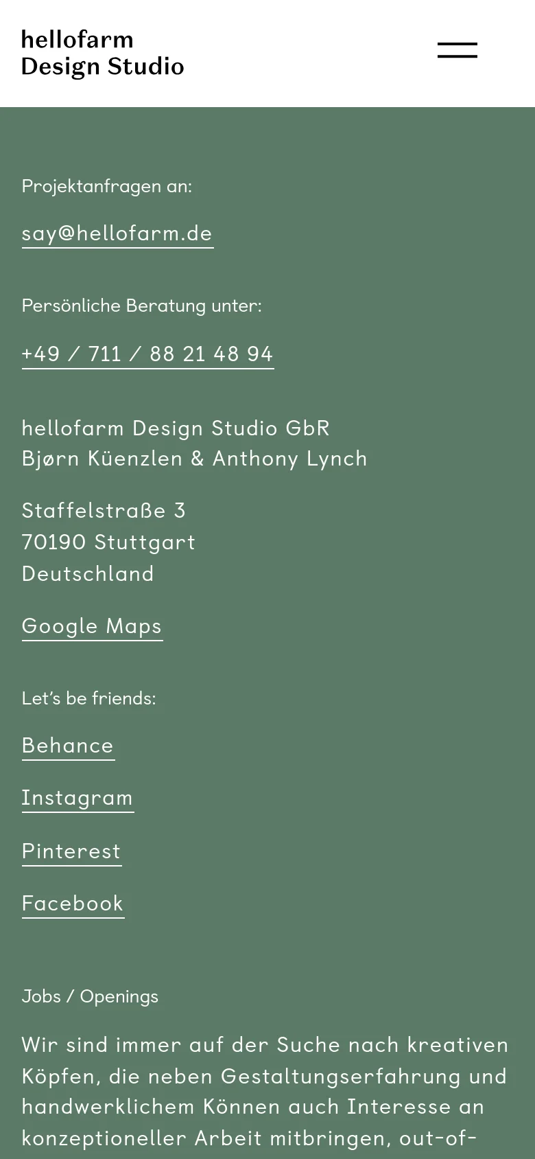 The mobile version maintains the dark green color scheme but shifts to a single-column vertical layout for easier scrolling. The navigation bar is condensed, featuring the studio logo and a prominent hamburger menu icon on the right.