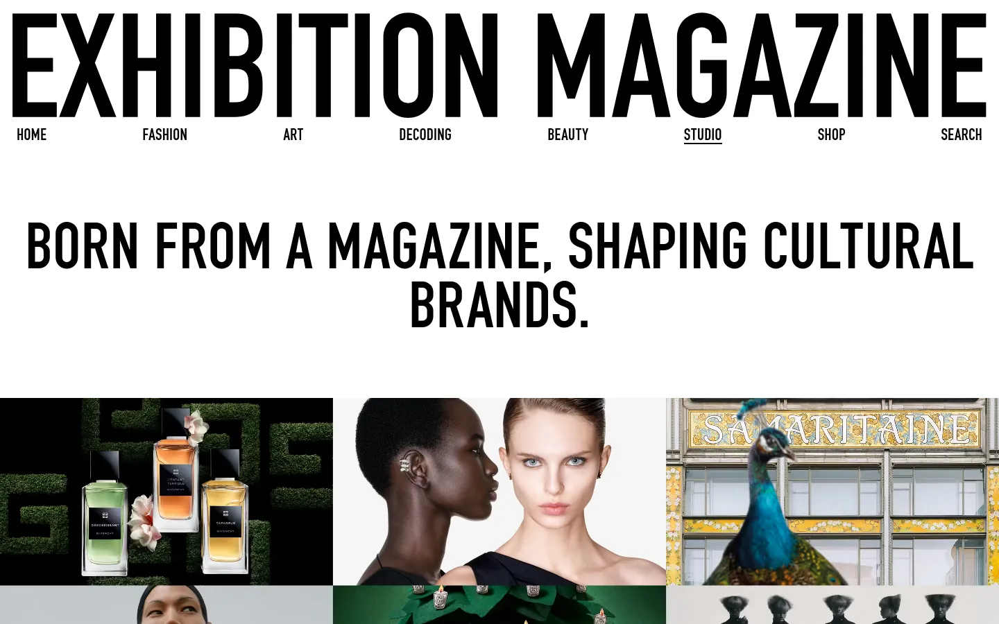 The desktop Studio page features a minimalist white background with large, bold black typography. A hero section displays the headline 'BORN FROM A MAGAZINE, SHAPING CULTURAL BRANDS' above a grid of high-fashion imagery including perfume bottles, portraits, and a peacock. A navigation menu with links like Fashion, Art, and Studio sits at the top.