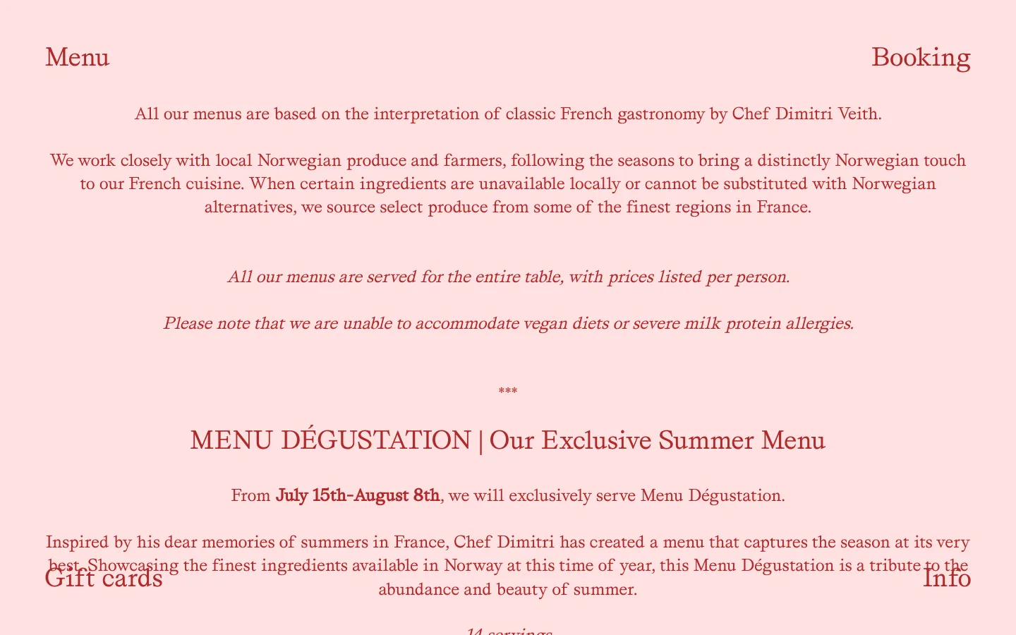The desktop menu page features a minimalist design with a soft pink background and elegant serif typography in dark red. The layout consists of centered text describing the culinary philosophy, followed by several sections for different tasting menus, including the Summer Menu and Grand Menu Dégustation, with prices and pairing options listed clearly. Navigation links for 'Menu', 'Booking', 'Gift cards', and 'Info' are positioned at the corners of the page.