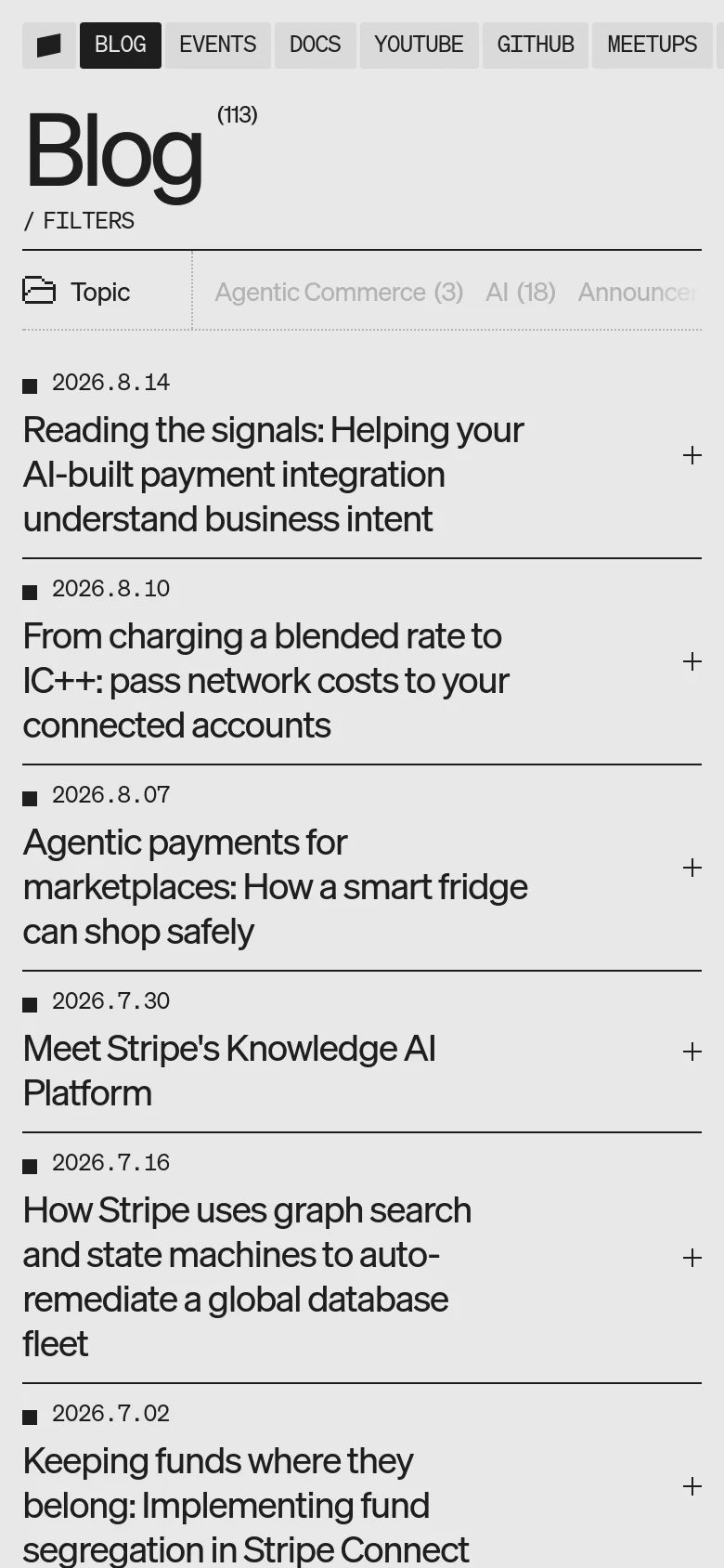 The mobile version of the blog page simplifies the layout by moving the topic filters to a horizontal scrolling menu below the main 'Blog' heading. The article list remains the primary focus, displaying dates and headlines in a single-column vertical stack, optimized for touch navigation on smaller screens.