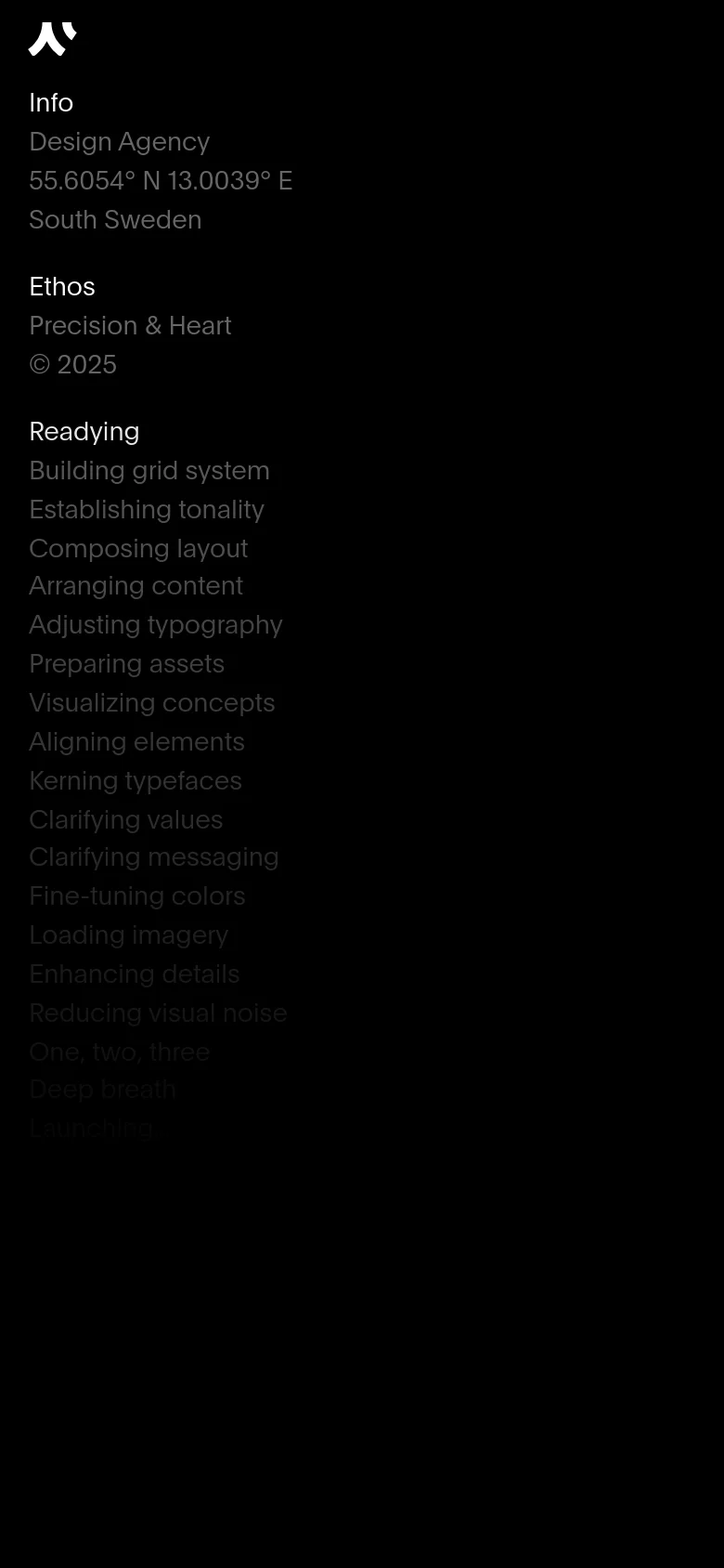 The mobile version maintains the dark, minimalist aesthetic but uses a single-column vertical layout. The navigation and portfolio project cards are stacked vertically for easier scrolling, and the text content is condensed to fit the narrower screen width.