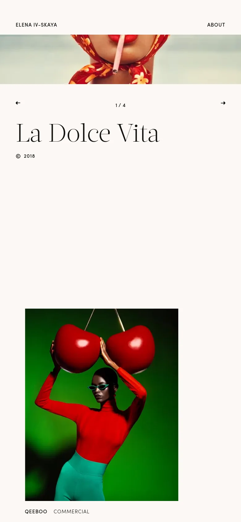 The mobile version uses a single-column vertical layout, starting with a cropped wide hero image of a woman's face. Below this, the 'La Dolce Vita' title and navigation arrows are centered, followed by a large square image of a woman posing with giant cherries against a green background.