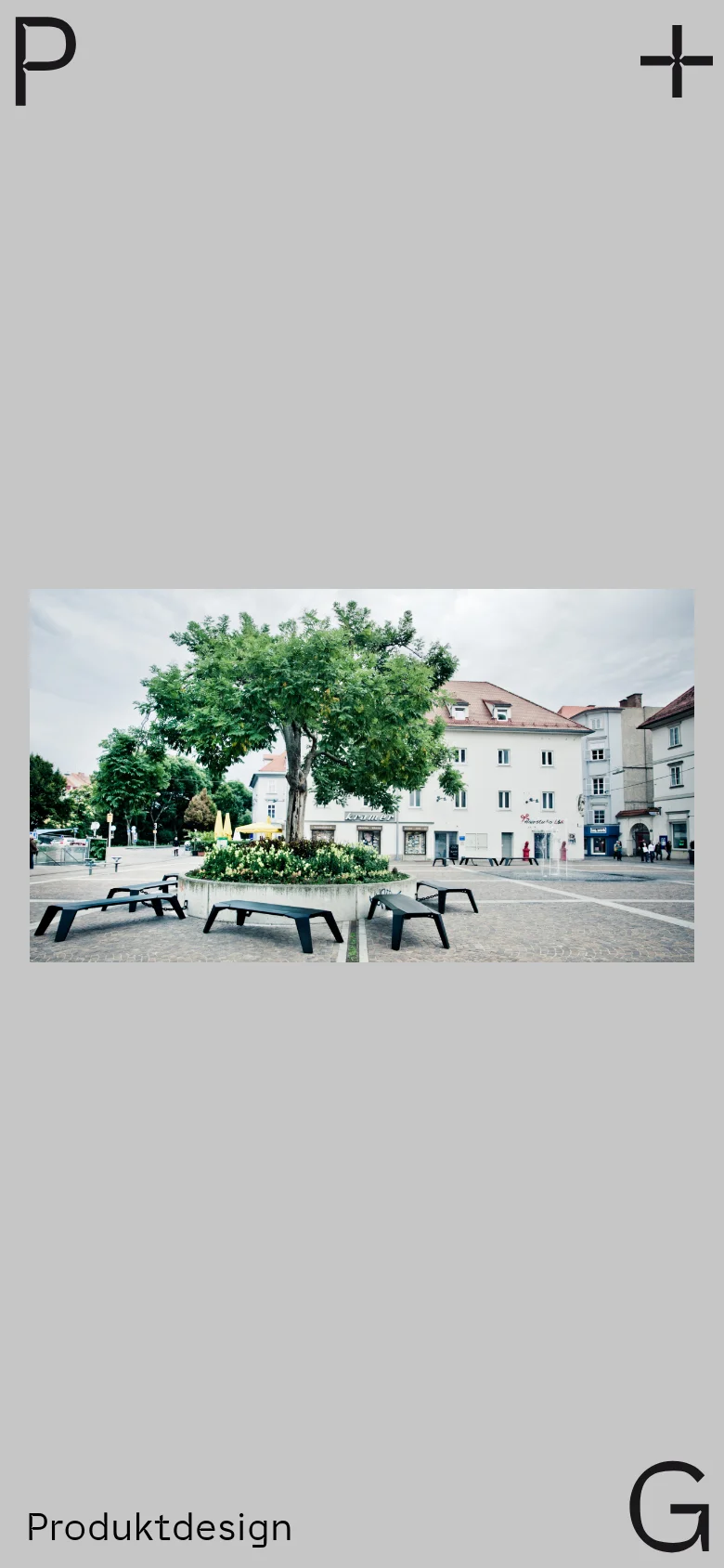 The mobile version maintains the minimalist light gray aesthetic and large typography but uses a single-column vertical layout. The central hero image of the public square and benches is scaled to fit the narrower screen width, and the project image grid is stacked vertically for easier scrolling.
