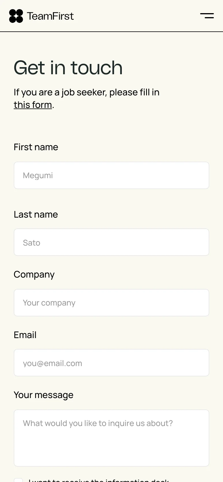 The mobile version uses a single-column vertical layout, placing the 'Get in touch' headline and contact form above the cityscape image. The navigation is condensed into a hamburger menu icon in the top right corner. The form fields are stacked vertically to fit the narrow screen width.