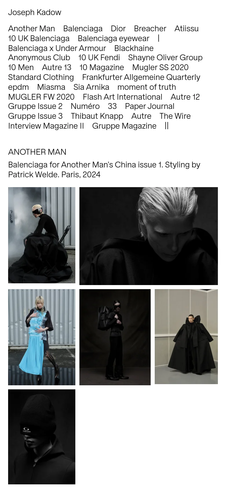 The mobile version maintains the minimalist white aesthetic but reorganizes the content into a single vertical column. The navigation menu is presented as a dense block of text links at the top, followed by the 'ANOTHER MAN' heading and a vertical stack of large, full-width black and white fashion photographs.