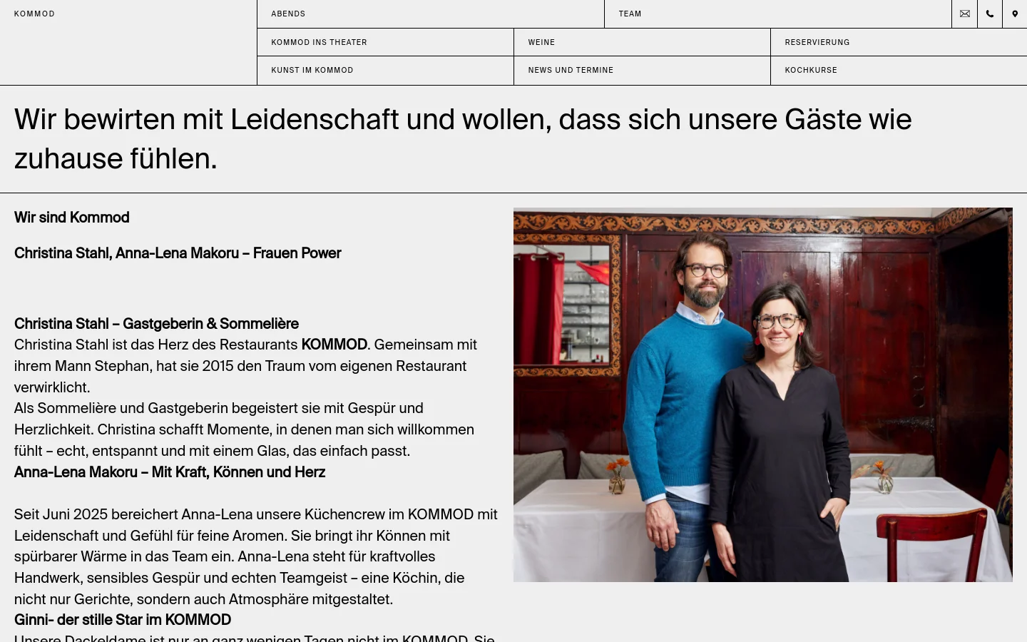 The Team page features a minimalist design with a large headline on a light background. A large hero image shows a smiling man in a blue sweater and a woman in a black top standing in a restaurant setting with dark wood paneling. The layout uses a two-column structure with text on the left and the image on the right.