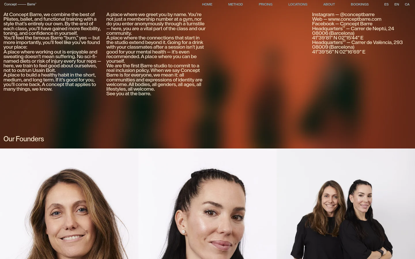 Concept Barre about page featuring a split-screen layout with a warm terracotta and cream color palette. The top section displays large serif typography over a soft-focus lifestyle image, followed by a clean text-heavy section and a portrait gallery of the founders.