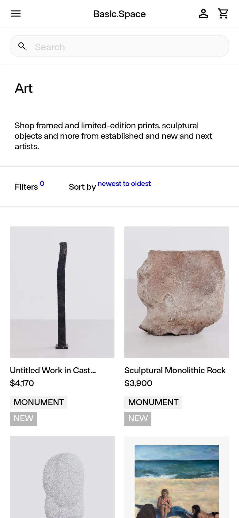 The mobile version maintains the minimalist white aesthetic but uses a single-column vertical layout for the product grid to fit the narrow screen. The navigation is condensed into a hamburger menu and a search bar, while the 'Art' headline and subheadline remain prominent at the top.