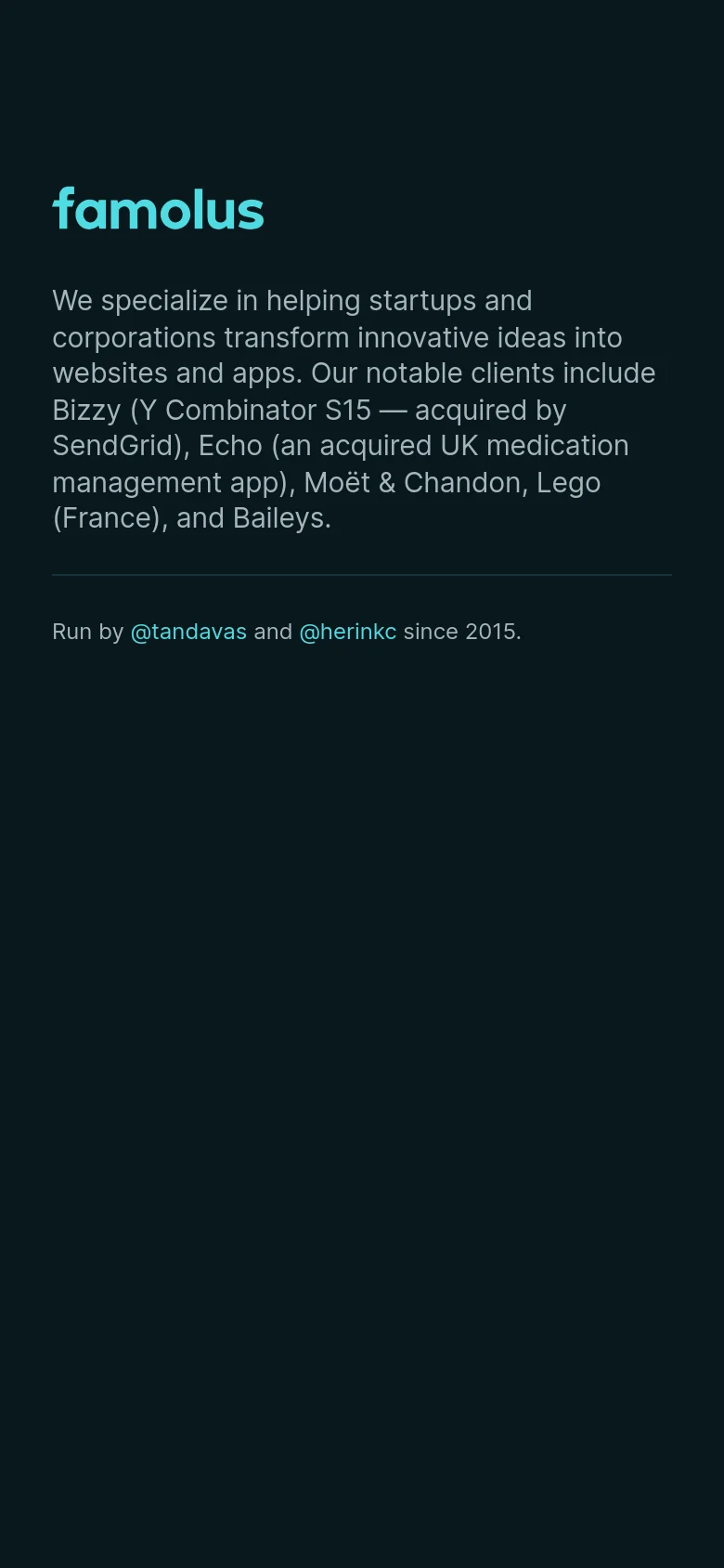 The mobile version maintains the dark navy theme and minimalist layout of the desktop site. The text is stacked vertically, with the light blue 'famolus' logo at the top, followed by the service description and founder information centered for a narrow screen.