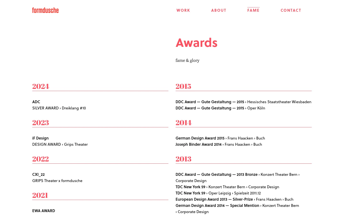 The desktop version of the Fame page features a minimalist white layout with red and black text. A navigation menu sits at the top right, and the main content displays a chronological list of design awards under large pink headings for each year.